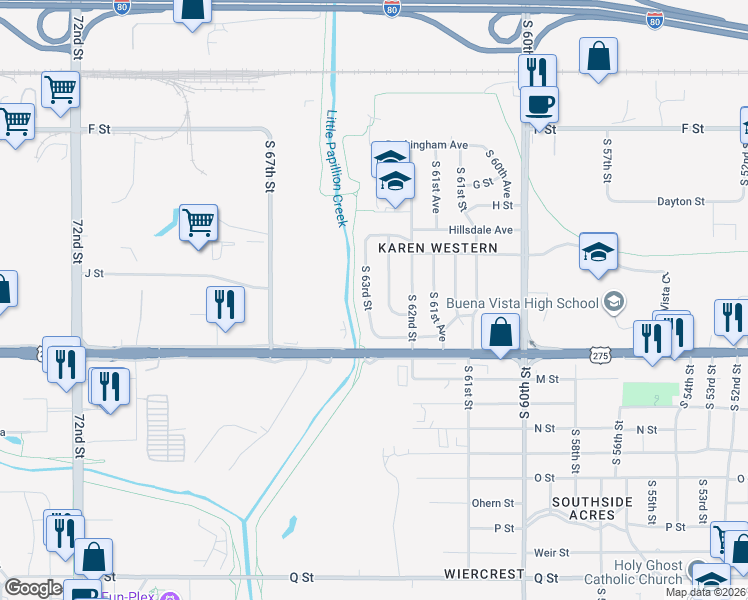 map of restaurants, bars, coffee shops, grocery stores, and more near 4538 South 62nd Avenue in Omaha