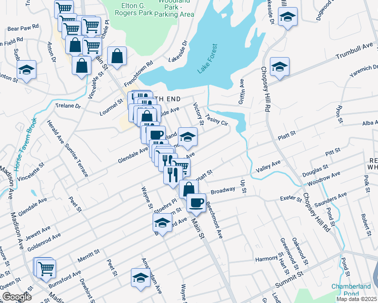 map of restaurants, bars, coffee shops, grocery stores, and more near 280 Tesiny Avenue in Bridgeport