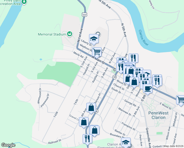 map of restaurants, bars, coffee shops, grocery stores, and more near 51 South 3rd Avenue in Clarion