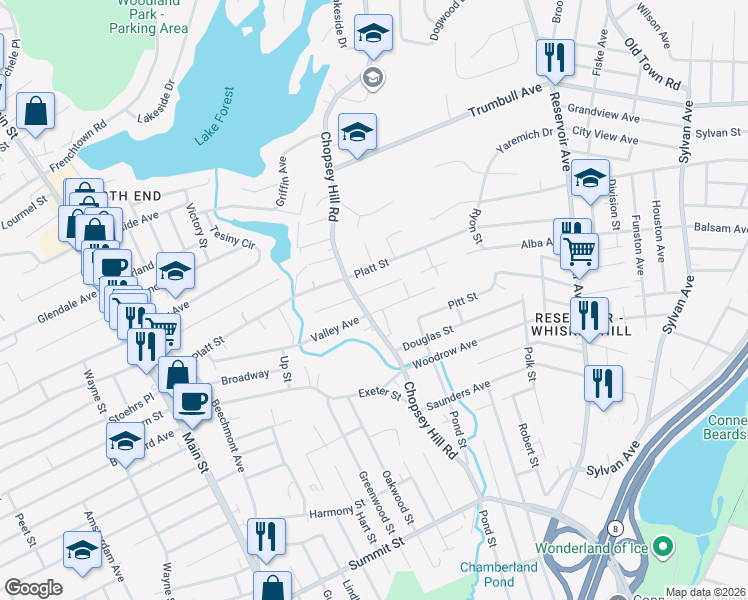 map of restaurants, bars, coffee shops, grocery stores, and more near 455 Woodlawn Avenue in Bridgeport