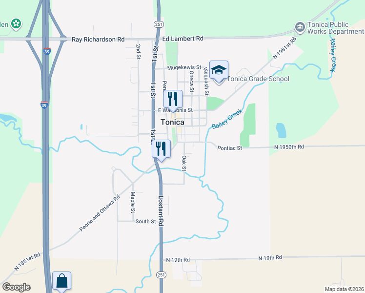 map of restaurants, bars, coffee shops, grocery stores, and more near 306 Oak Street in Tonica