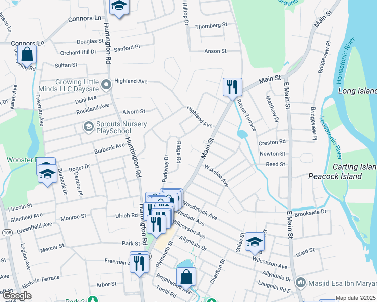 map of restaurants, bars, coffee shops, grocery stores, and more near 65 Paradise Court in Stratford