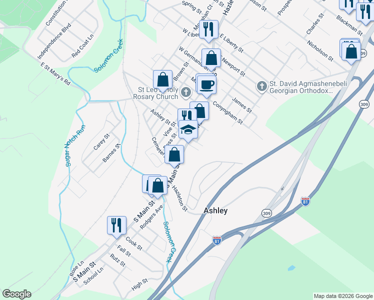 map of restaurants, bars, coffee shops, grocery stores, and more near 21 Oak Ln in Ashley