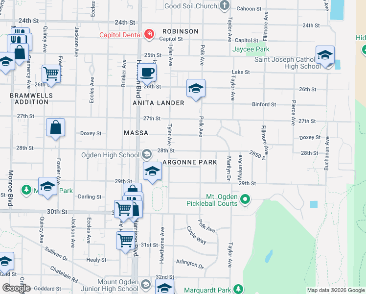 map of restaurants, bars, coffee shops, grocery stores, and more near 1338 28th Street in Ogden