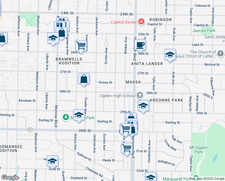 map of restaurants, bars, coffee shops, grocery stores, and more near 2804 Van Buren Avenue in Ogden