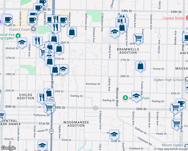 map of restaurants, bars, coffee shops, grocery stores, and more near 669 28th Street in Ogden