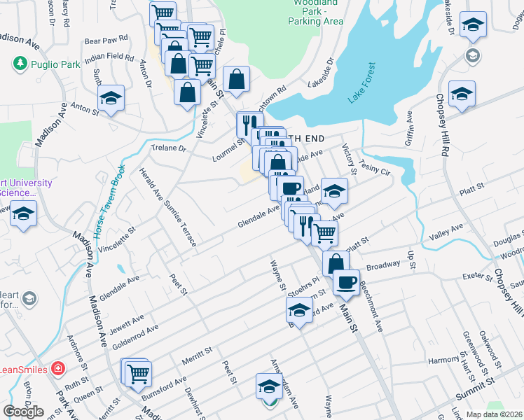 map of restaurants, bars, coffee shops, grocery stores, and more near 75 Glendale Avenue in Bridgeport