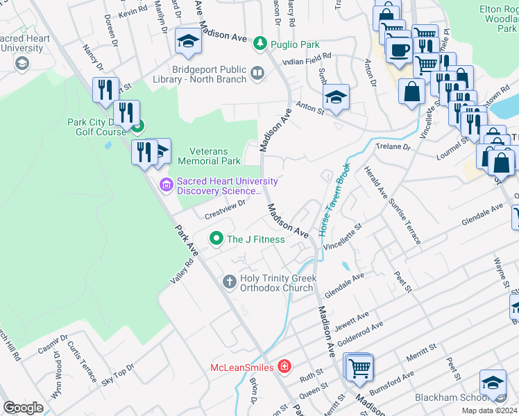 map of restaurants, bars, coffee shops, grocery stores, and more near 2920 Madison Avenue in Bridgeport