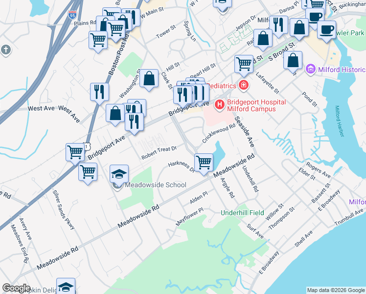 map of restaurants, bars, coffee shops, grocery stores, and more near 198 Robert Treat Drive in Milford