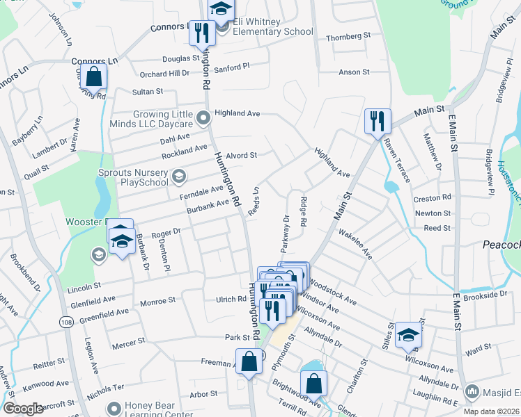 map of restaurants, bars, coffee shops, grocery stores, and more near 49 Reeds Lane in Stratford