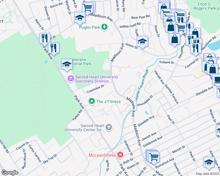map of restaurants, bars, coffee shops, grocery stores, and more near 2920 Madison Avenue in Bridgeport