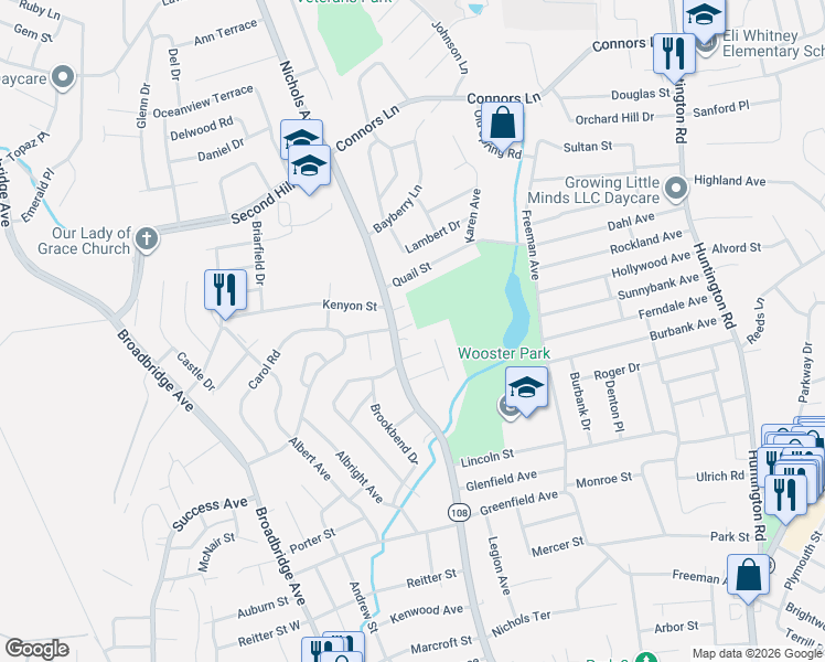 map of restaurants, bars, coffee shops, grocery stores, and more near 85 Rustown Drive in Stratford