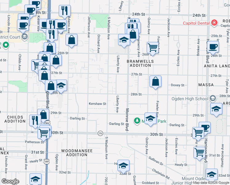 map of restaurants, bars, coffee shops, grocery stores, and more near 740 28th Street in Ogden