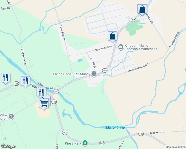 map of restaurants, bars, coffee shops, grocery stores, and more near 81 Cookie Drive in Muncy