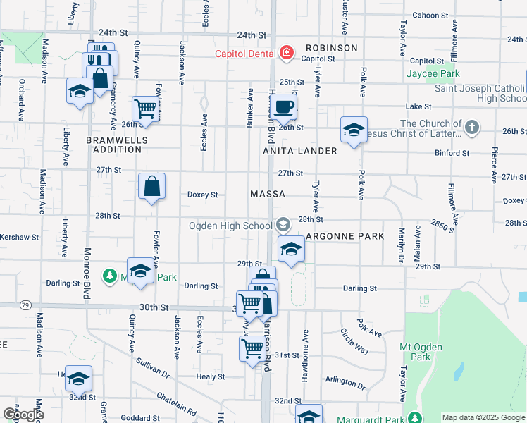 map of restaurants, bars, coffee shops, grocery stores, and more near 1153 28th Street in Ogden