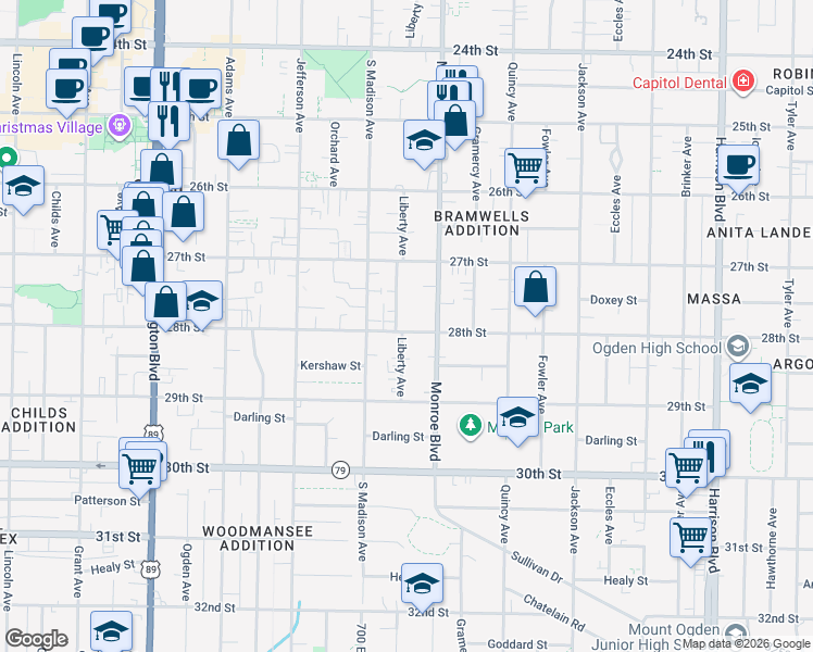map of restaurants, bars, coffee shops, grocery stores, and more near in Ogden