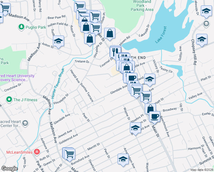 map of restaurants, bars, coffee shops, grocery stores, and more near 158 Glendale Avenue in Bridgeport