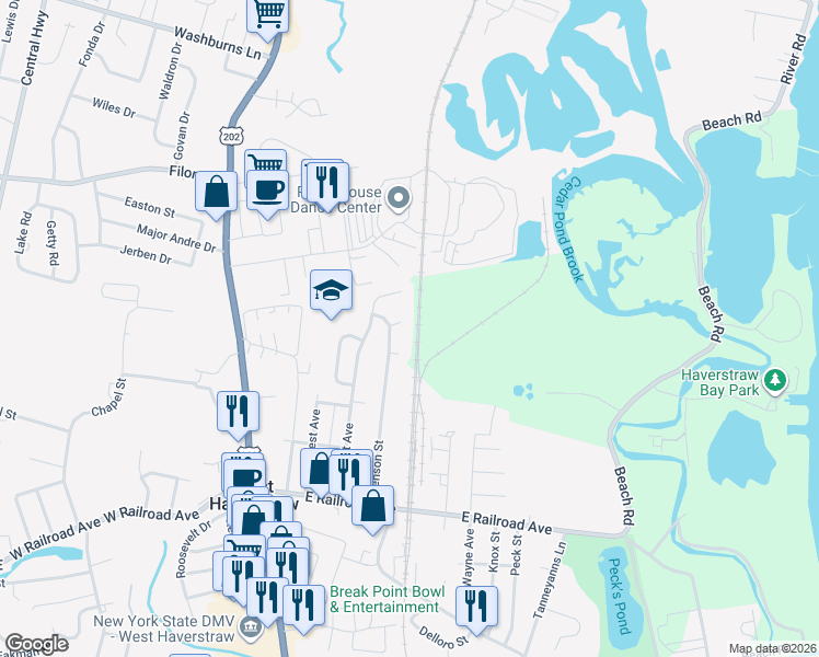 map of restaurants, bars, coffee shops, grocery stores, and more near 102 Benson Street in West Haverstraw