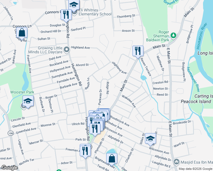 map of restaurants, bars, coffee shops, grocery stores, and more near 280 Parkway Drive in Stratford
