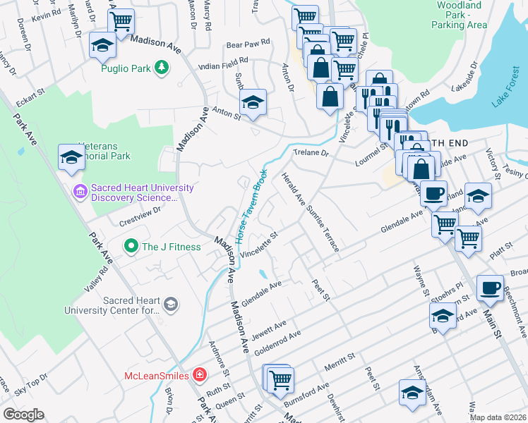 map of restaurants, bars, coffee shops, grocery stores, and more near 64 Kennedy Drive in Bridgeport