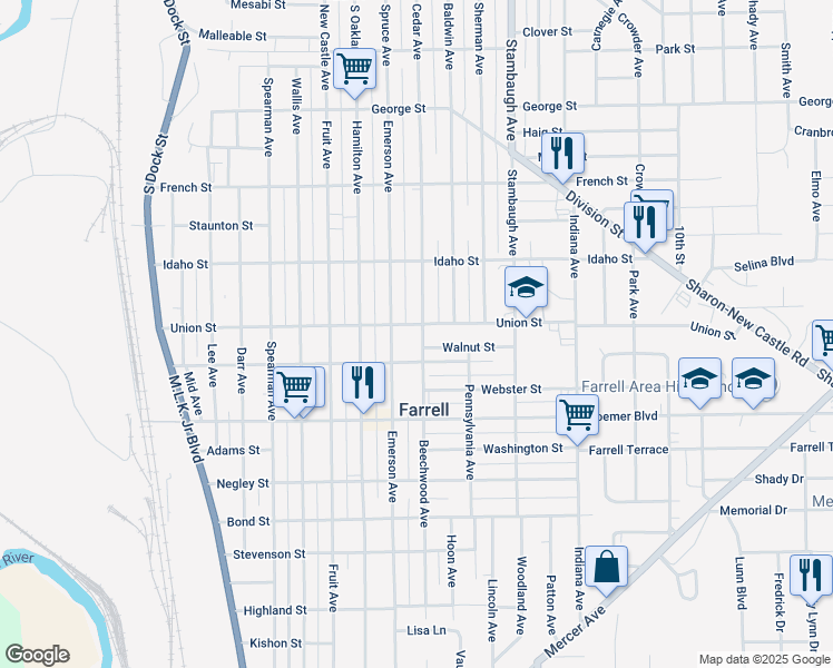 map of restaurants, bars, coffee shops, grocery stores, and more near 808 Beechwood Avenue in Farrell