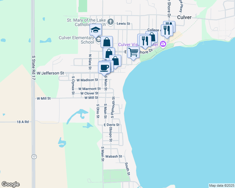 map of restaurants, bars, coffee shops, grocery stores, and more near 314 South Plymouth Street in Culver