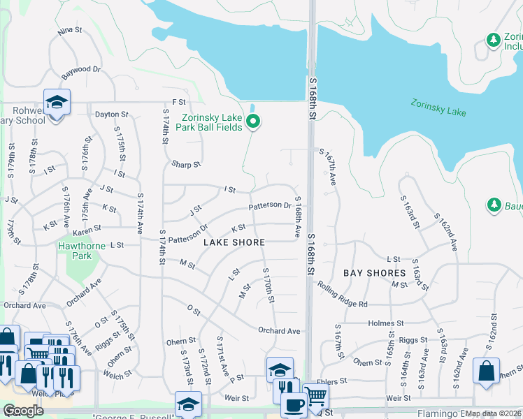 map of restaurants, bars, coffee shops, grocery stores, and more near 16918 K Street in Omaha