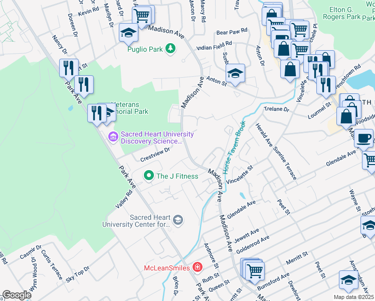 map of restaurants, bars, coffee shops, grocery stores, and more near 2995 Madison Avenue in Bridgeport