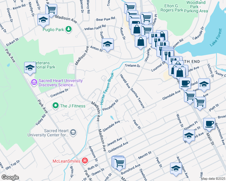 map of restaurants, bars, coffee shops, grocery stores, and more near 64 Kennedy Drive in Bridgeport