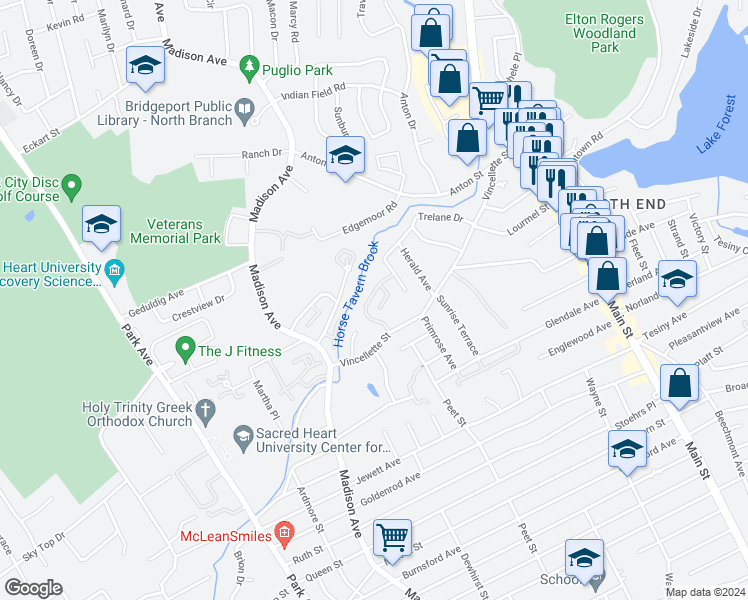 map of restaurants, bars, coffee shops, grocery stores, and more near 64 Kennedy Drive in Bridgeport