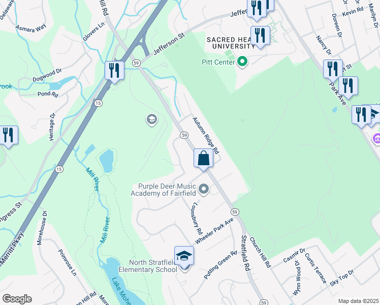 map of restaurants, bars, coffee shops, grocery stores, and more near 145 Hawthorne Drive in Fairfield