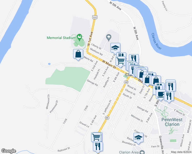 map of restaurants, bars, coffee shops, grocery stores, and more near George Road in Clarion