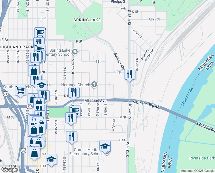 map of restaurants, bars, coffee shops, grocery stores, and more near 4522 South 16th Street in Omaha