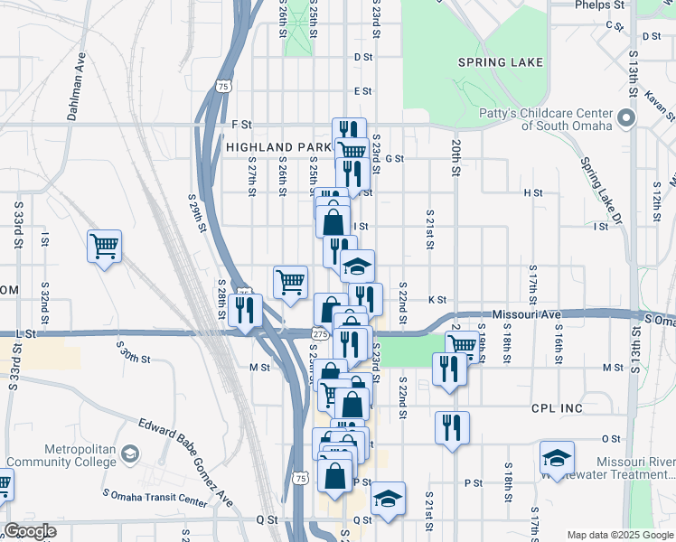 map of restaurants, bars, coffee shops, grocery stores, and more near 4522 South 24th Street in Omaha