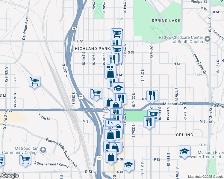 map of restaurants, bars, coffee shops, grocery stores, and more near 4522 South 24th Street in Omaha