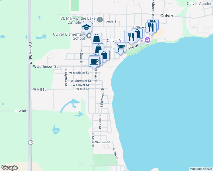 map of restaurants, bars, coffee shops, grocery stores, and more near 314 South Plymouth Street in Culver