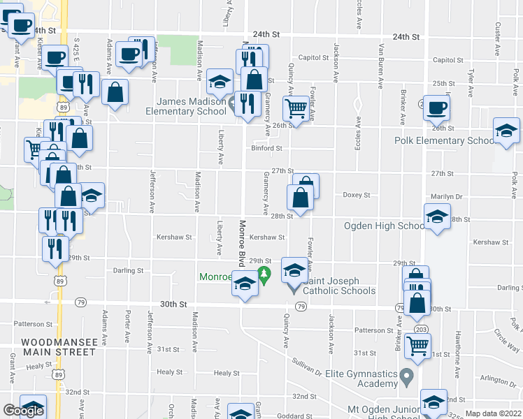 map of restaurants, bars, coffee shops, grocery stores, and more near 2781 Gramercy Avenue in Ogden