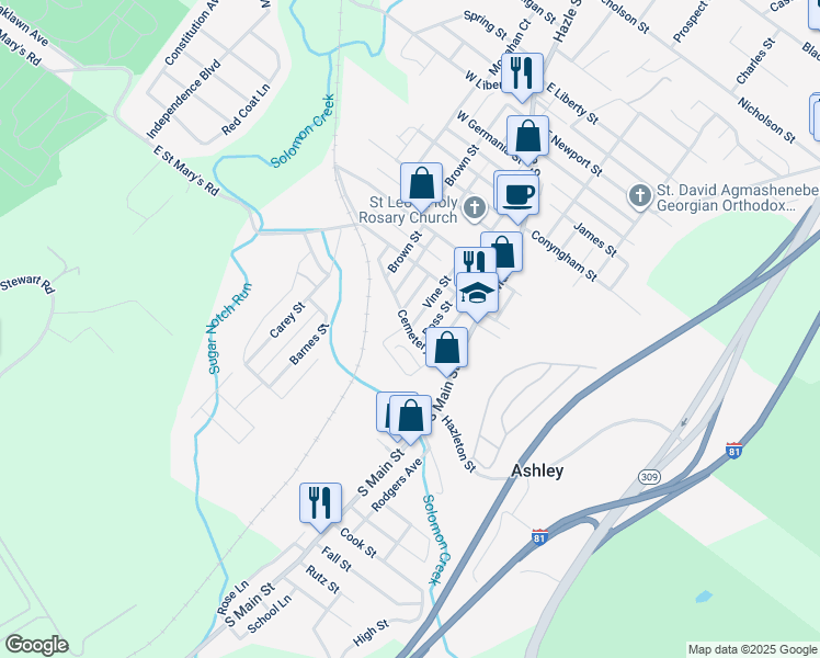 map of restaurants, bars, coffee shops, grocery stores, and more near 29 Cemetery St in Ashley