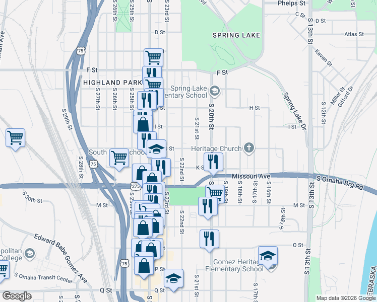 map of restaurants, bars, coffee shops, grocery stores, and more near 4520 South 21st Street in Omaha