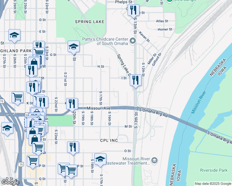 map of restaurants, bars, coffee shops, grocery stores, and more near 4517 South 15th Street in Omaha