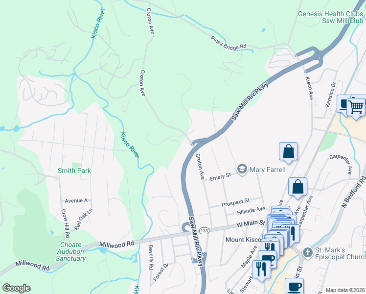 map of restaurants, bars, coffee shops, grocery stores, and more near 5 Cerf Lane in Mount Kisco