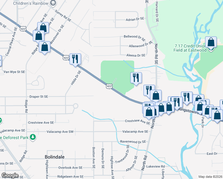 map of restaurants, bars, coffee shops, grocery stores, and more near 4166 Youngstown Rd SE in Warren