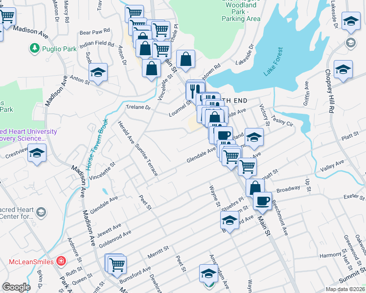 map of restaurants, bars, coffee shops, grocery stores, and more near 160 Woodmont Avenue in Bridgeport