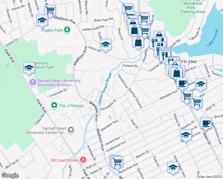 map of restaurants, bars, coffee shops, grocery stores, and more near 64 Kennedy Drive in Bridgeport