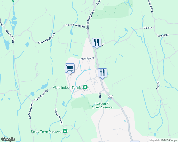 map of restaurants, bars, coffee shops, grocery stores, and more near 600 Oakridge Drive in South Salem