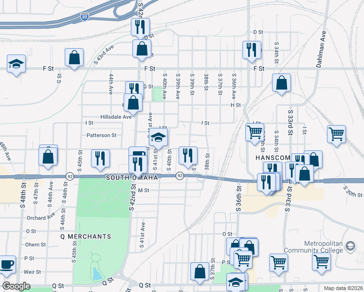map of restaurants, bars, coffee shops, grocery stores, and more near 4520 South 39th Street in Omaha