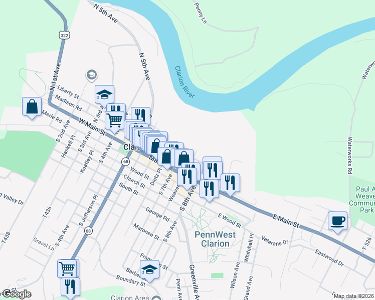 map of restaurants, bars, coffee shops, grocery stores, and more near 22-26 North 7th Avenue in Clarion
