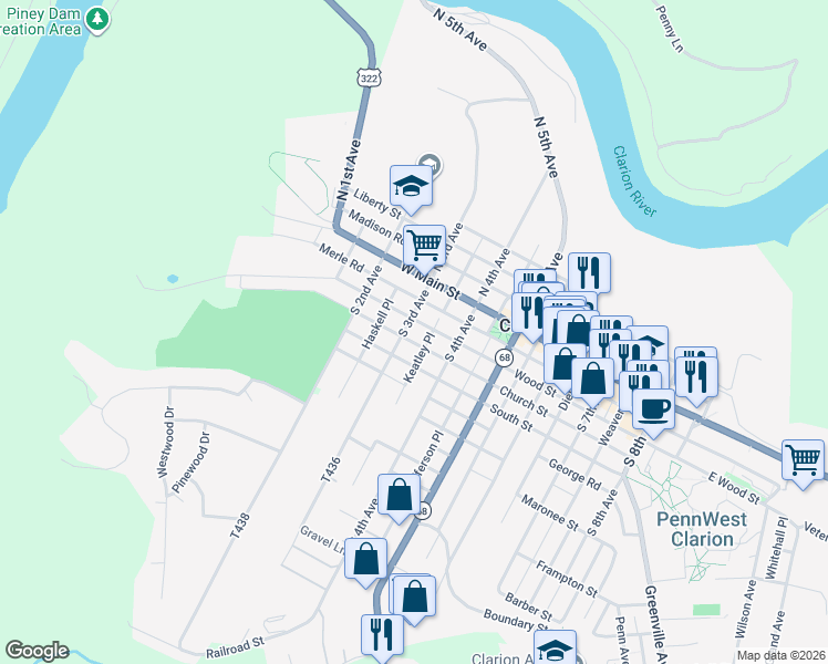 map of restaurants, bars, coffee shops, grocery stores, and more near 330-398 Church Street in Clarion