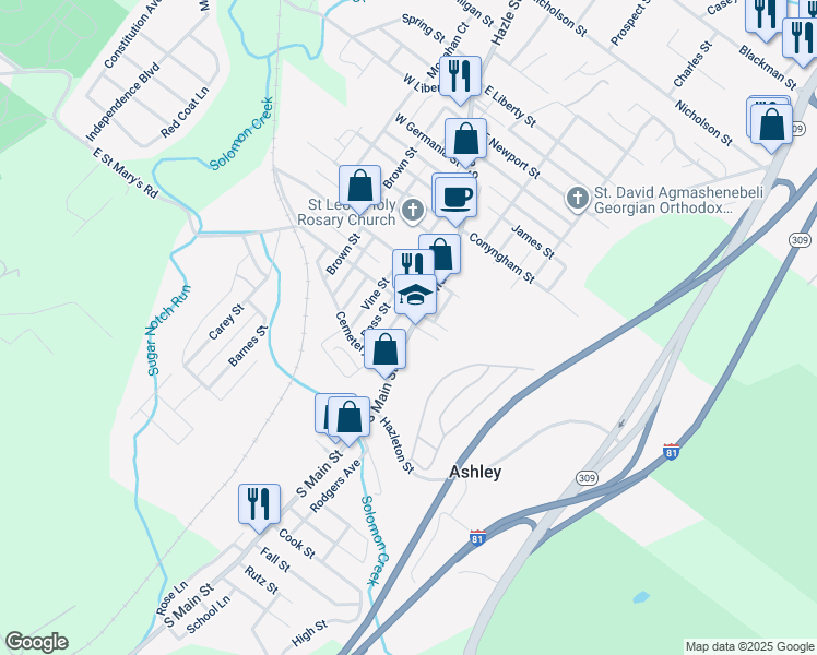 map of restaurants, bars, coffee shops, grocery stores, and more near 29 North Main Street in Ashley