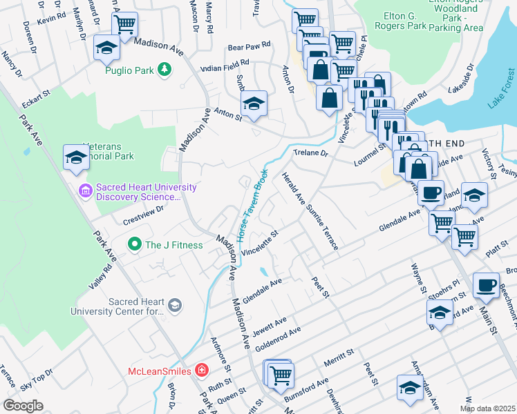 map of restaurants, bars, coffee shops, grocery stores, and more near 131 Kennedy Drive in Bridgeport